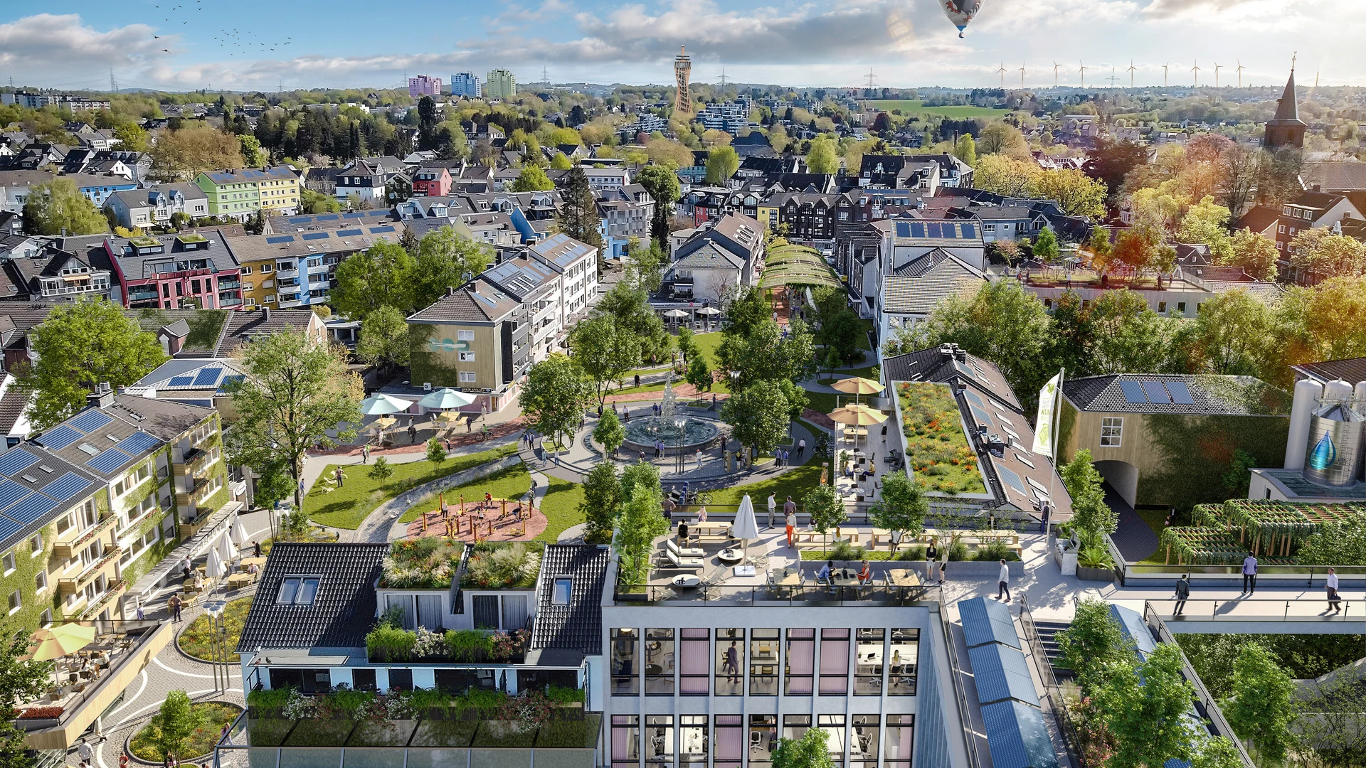 Rendering des Markplatzes in Haan mit vielen begr&uuml;nten Fl&auml;chen und beschattetetn Aufenthaltsorten.